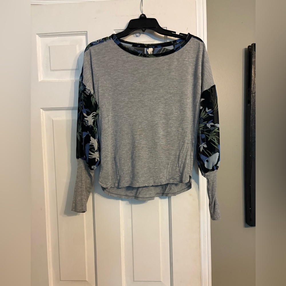 Gray Boxy Blouse with Black Long Sleeves